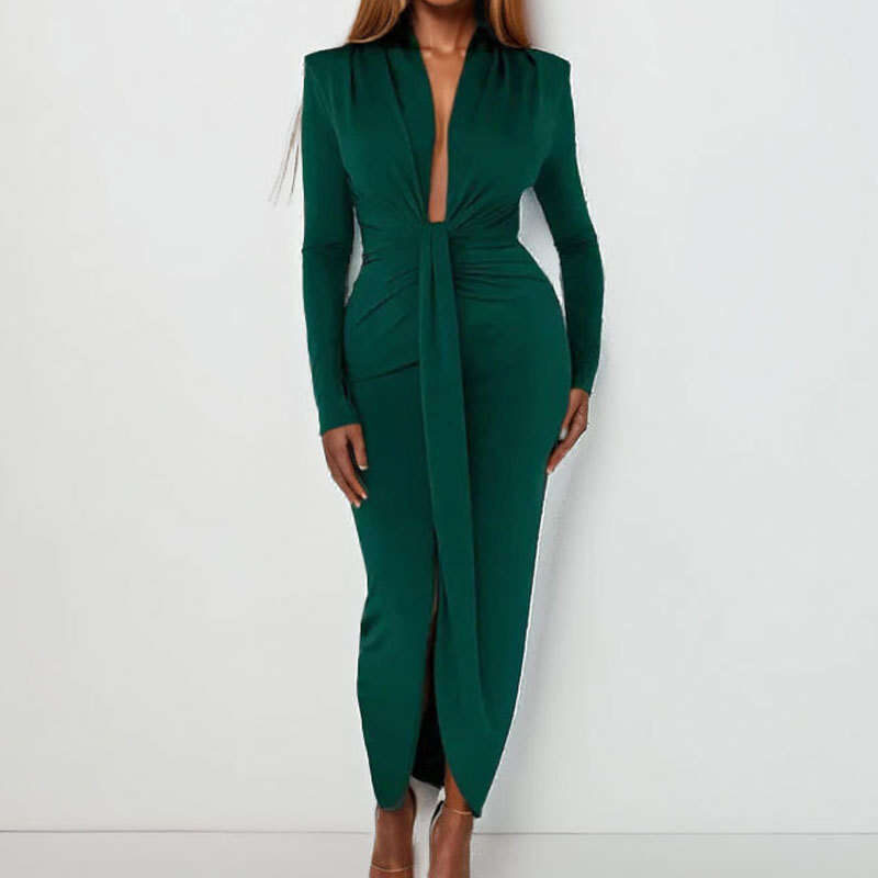 2025 Women's Spring New Solid Color Lace Up Waist Collection Long Sleeve Bag Hip Split Dress KLMY
