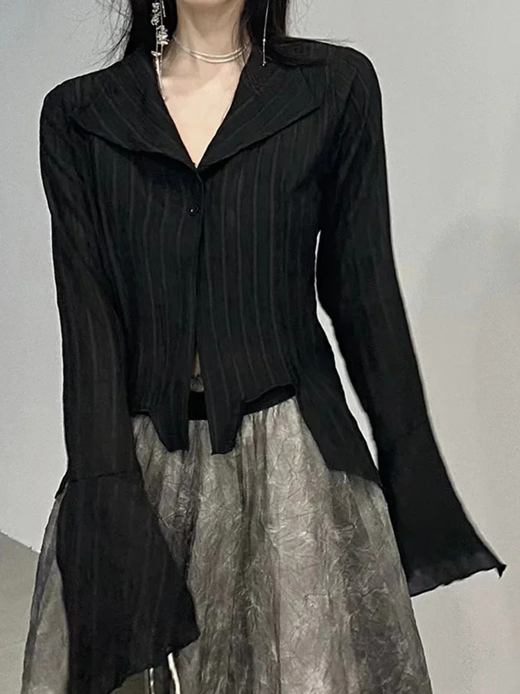 Black Harajuku womens retro streetwear Y2K shirt sexy Gothic long sleeved irregular fashion ultrathin spring top 250311