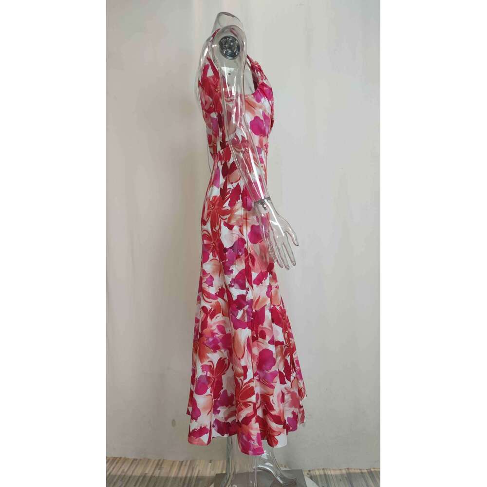 Sample Of Women's Commuting Simple Printed Diagonal Collar Ruffle Edge Dress KLMY