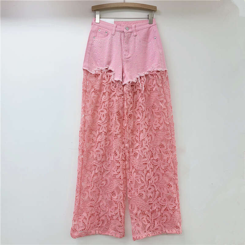 Pink Lace Splicing Heavy-Duty Hot Stamping Wide For Women 2024, With High Waist Slimming Effect, And A High-End Straight Leg Casual Pants