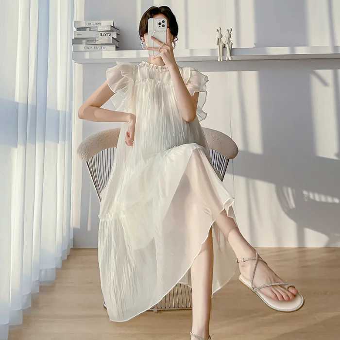 Maternity Clothes Silk Pleated Long Dress Skirt Summer Loose Casual Pregnant Women Short Sleeve Dress Vestido Pregnancy ClothingT250311