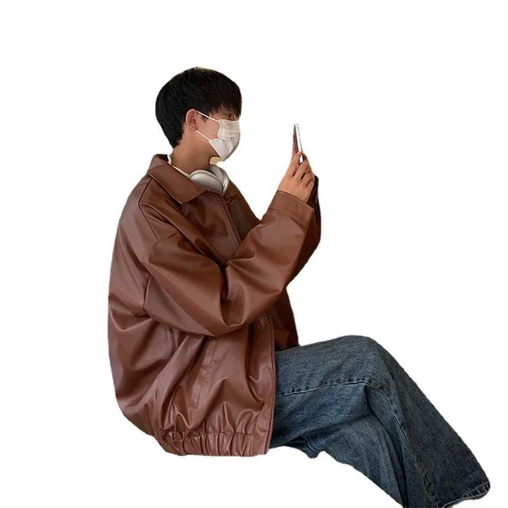 Mens Fall Loose Fit Vintage American Style Leather Jacket High End Feel Street Hong Kong Style PU Leather Jacket Casual SceneT250311