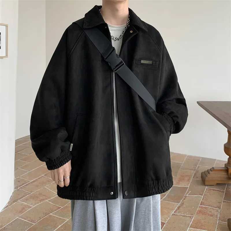 American Retro Lapel Suede Bomber Jackets Mens Spring Casual Loose Zipper Cargo Jacket High Street Fashion Y2K Cardigan CoatsT250311