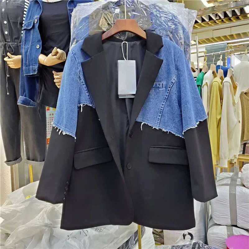 Korean Denim Patchwork Blazer Women Big Pocket Outerwear Female Loose Irregular Contour Mid Long Jeans Splicing Suit Jacket Coat