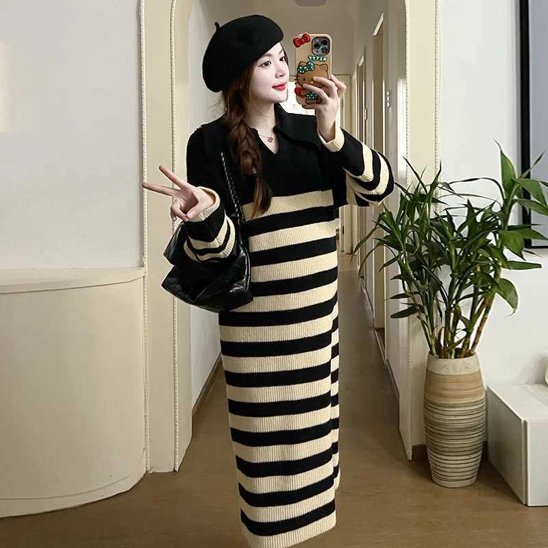 Casual Maternity Stripe Knit Dresses 2023 New Clothes for Pregnant Women Thick Fashion Lapel Long Sweater Winter Pregnancy DressT250311