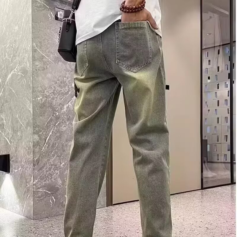 American High Street Ripped Jeans Men s Fashion Designer Light Luxury Brand Embroidery Drawstring Spring And Autumn Trend Versatile Elastic Waist Casu