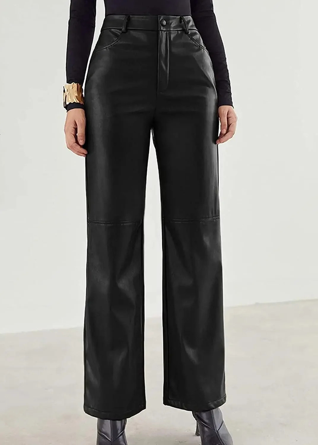Womens Leather Pants High Waist Straight Slimming Side Pockets Solid Color Casual Party Fall Trousers Spring Autumn Clothes 250305