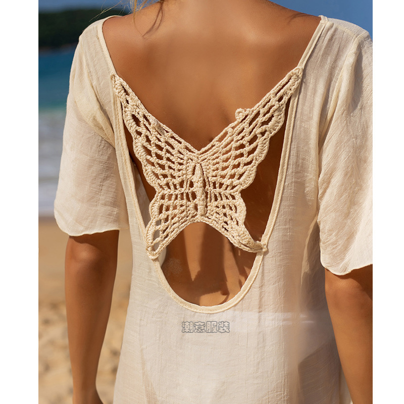 New Holiday Solid Color Hand Hook Butterfly Splicing Mushroom Edge Loose Sunscreen Sexy Beach Short Cover Shirt