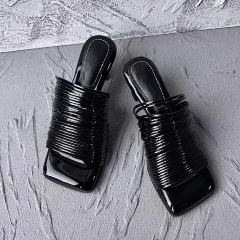 Stiletto Square Toe Summer Shiny Solid Color High Heels Casual Half Slippers Shoes for Women Designer Sandals