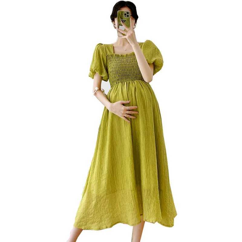Red Green Maternity Summer Clothes Short Sleeve Square Collar Pregnant Woman Chiffon Dress Elegant Party Dress Pregnancy DressesT250311