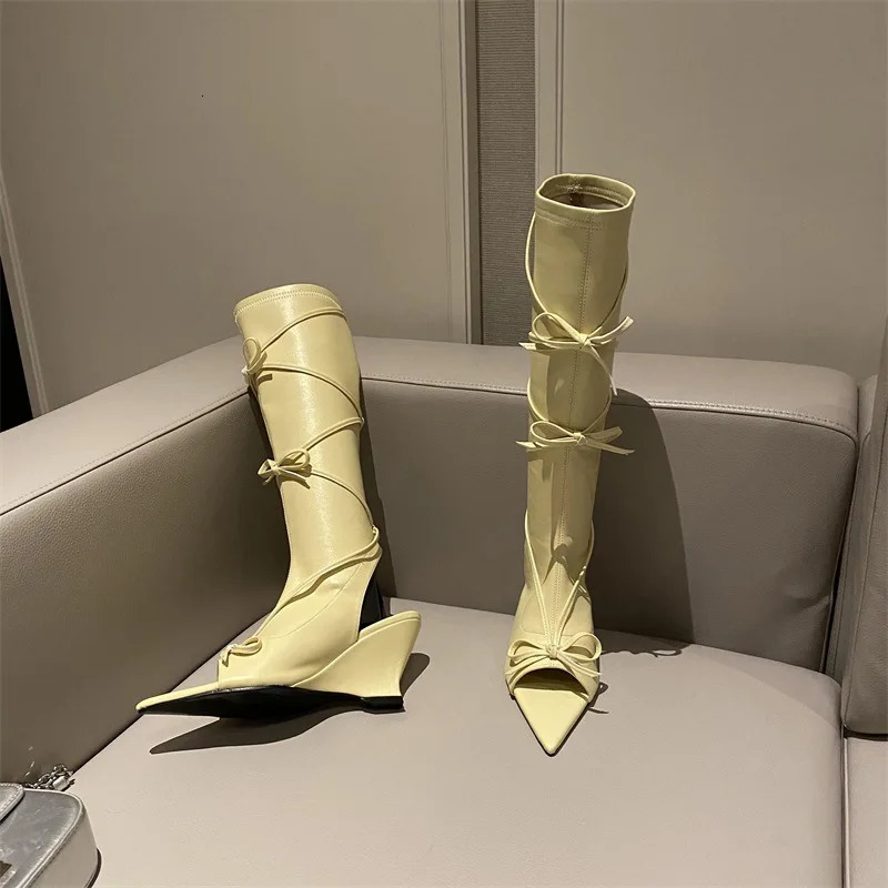 Spring Autumn Butterfly-knot Knee-High Women Boots Sandal Sexy Peep Toe Wedges High heels Leather Long Boots Shoes 250310