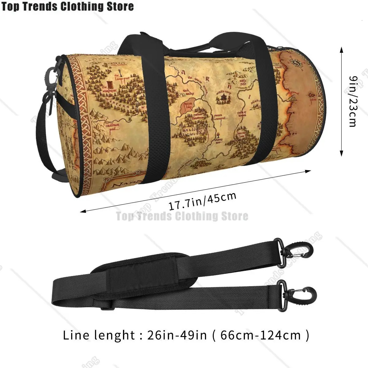 Map Retro Travel Bag Mens Fitness Handbag Cylindrical Shoulder Womens Large 250311