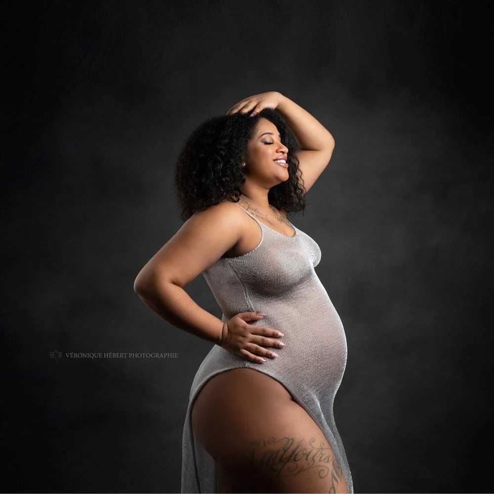Pregnant womens photography rose gold champagne knitted small mesh pregnant womens dress V-neck elastic waist prop for photo shooting X250224