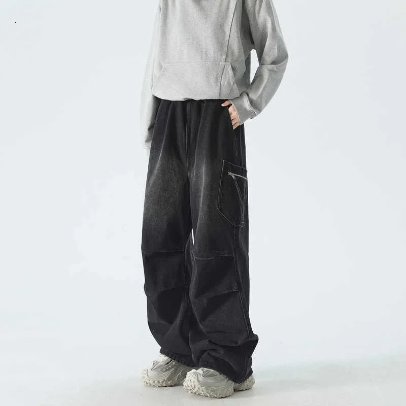 High Street Wrinkle Jeans Mens Cargo Pocket Straight Wide Leg Denim Pantalones Hombre Hip Hop Fashion Bag Y2K 250311