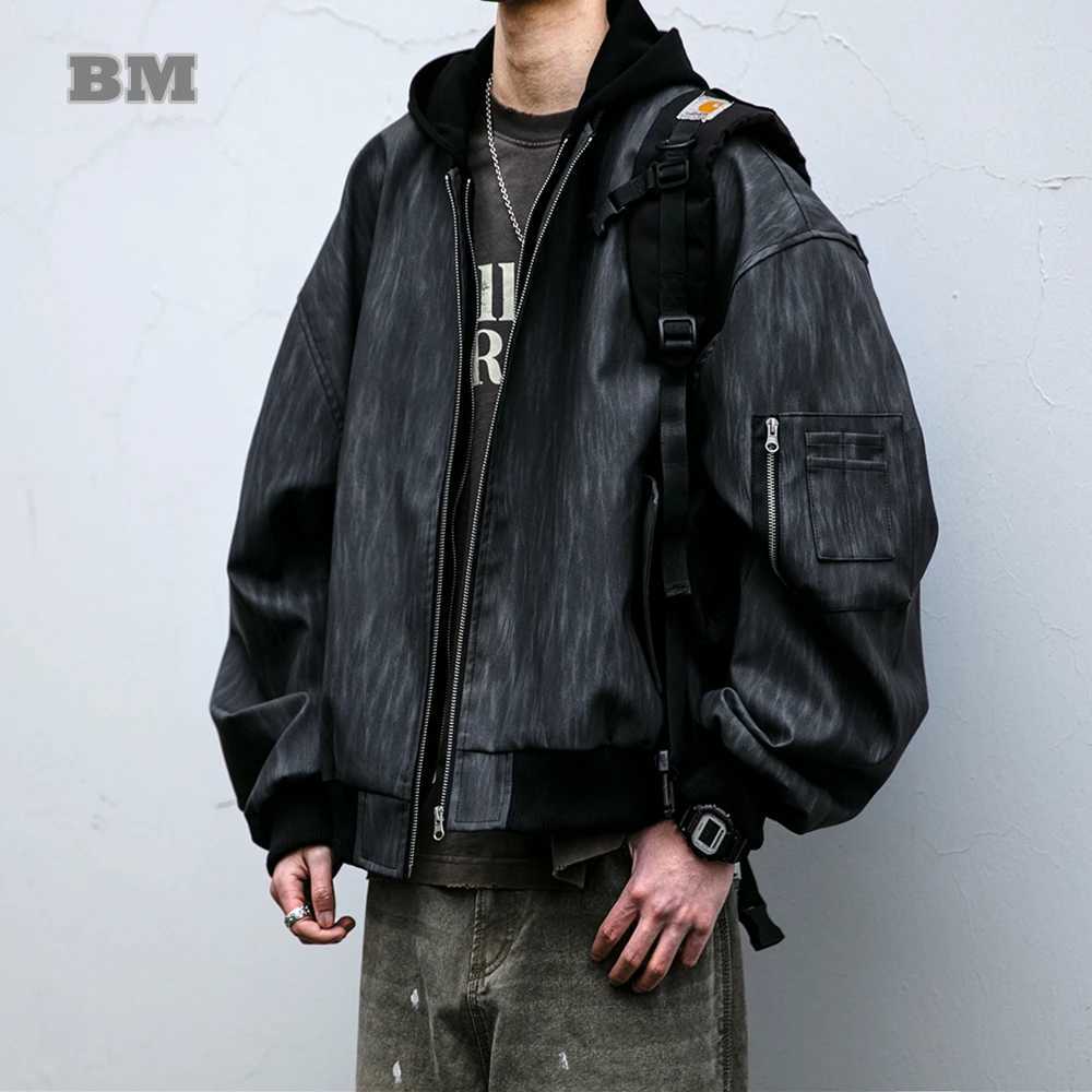 American Streetwear Fake Two Pieces Hooded Jacket Men Clothing Harajuku Casual Leather Jacket Kpop Vintage Oversize Coat MaleT250311