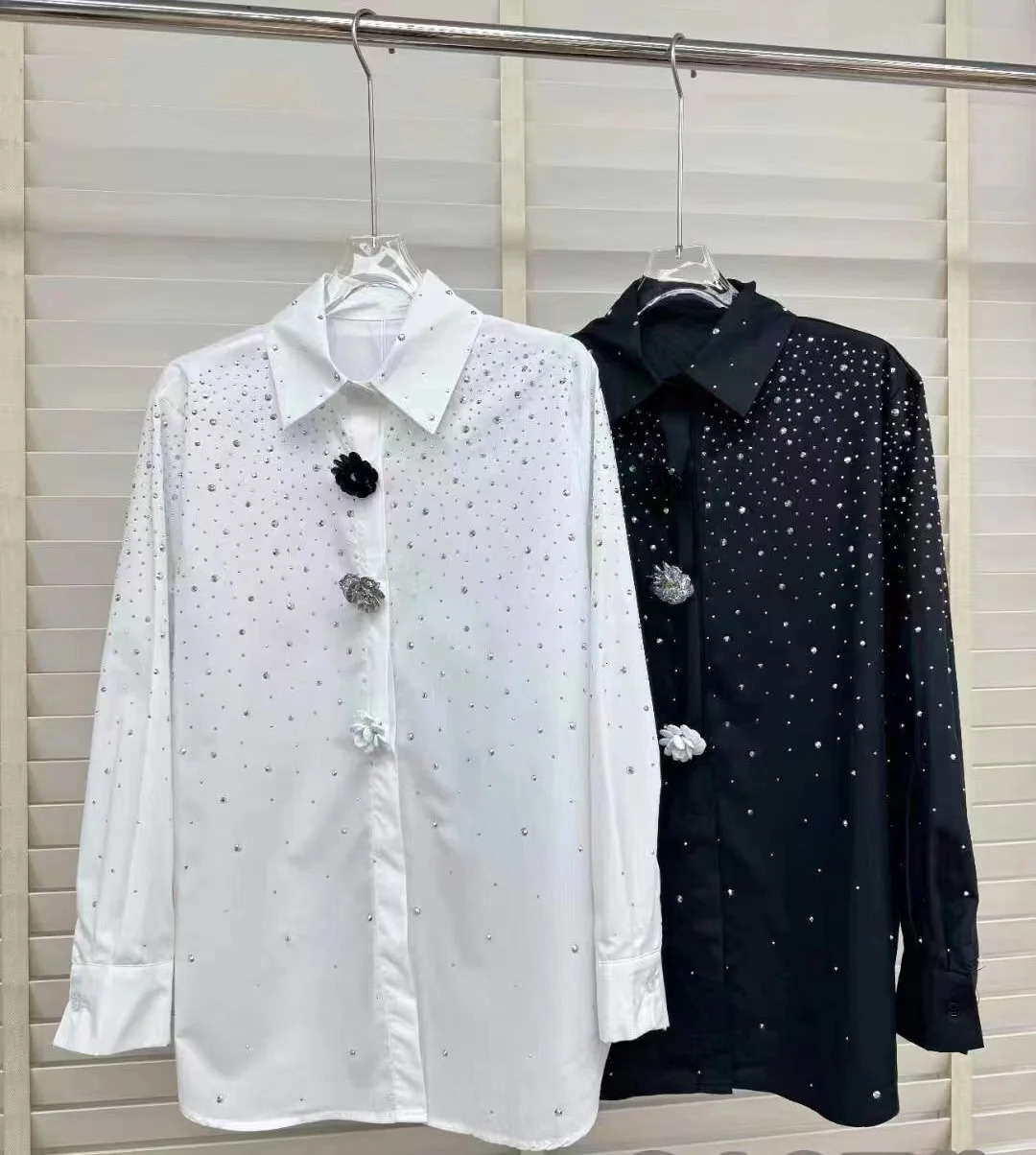 Diamond Black and White Womens Shirt Fashionable Long Sleeve Button Top Blue 250311