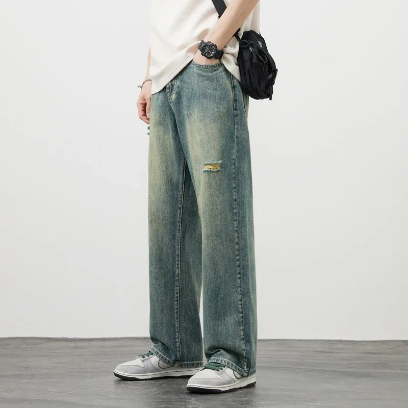Korea Baggy Jeans Mens Vintage Straight Ripped Y2k Pants Fashion Frayed High Street Distressed Denim Trousers Male Clothes 250311