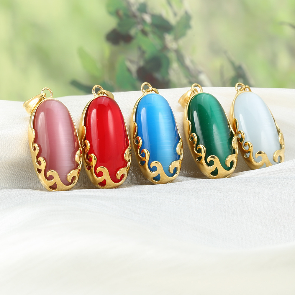 Fashion Stainless Steel Cat Eye Stone Egg Shaped Pendant Necklace Sweater Chain