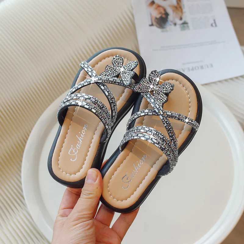 Platform Slippers for Girls New Summer Crystal Open Toe Flat Girs Clogs Shoes Outdoor Sandals Butterfly Bling Slide Kids H05299T250311
