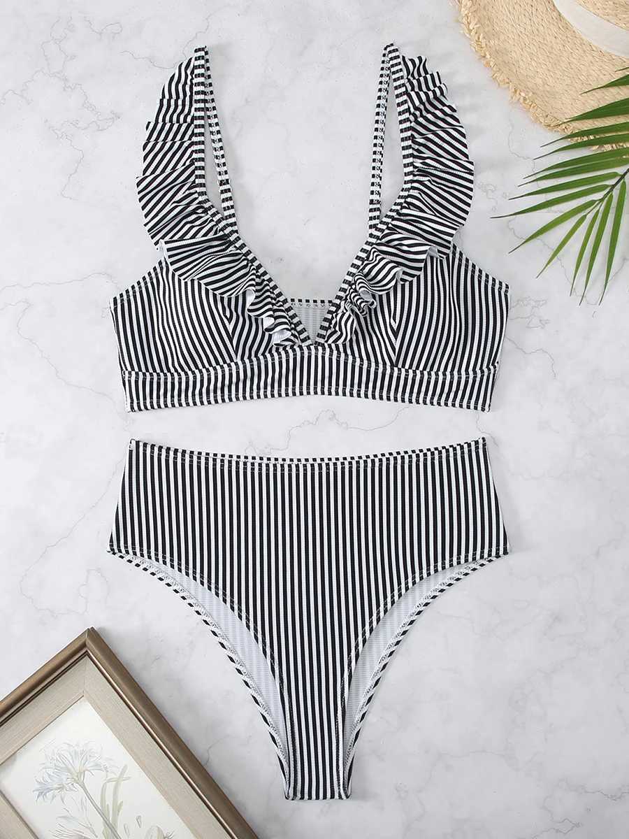 Sexy Striped Ruffle Bikini Swimsuit Women 2025 Two-piece Swimwear High Waisted Bikinis Sets Female Bathing Suit Push Up MonokiniT250310