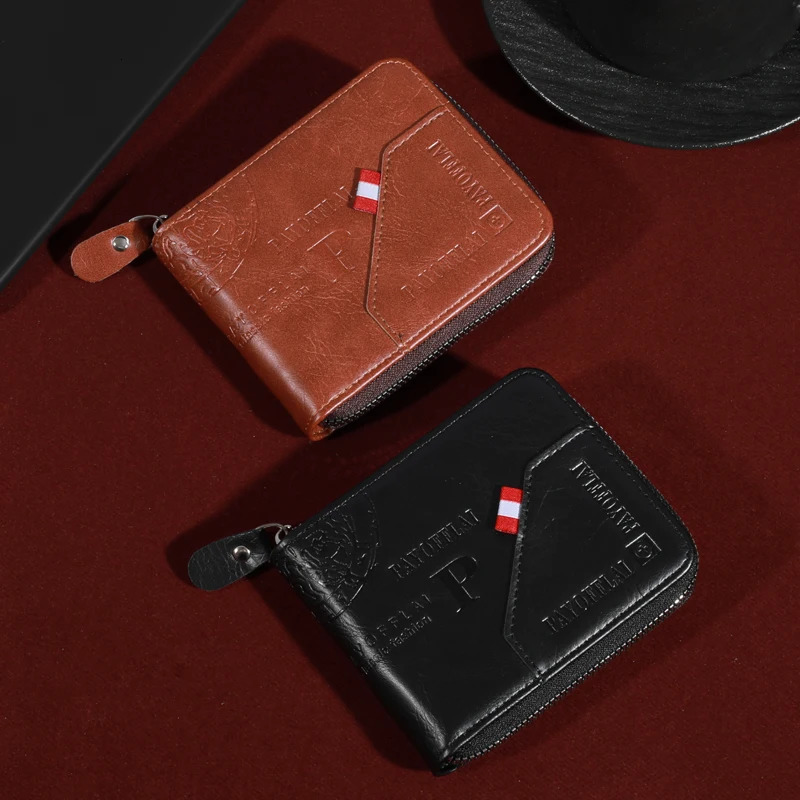 Mens Zipper Short Wallet Multi Card Cardholder PU Leather Double Fold with Coin Pocket Gift 250311