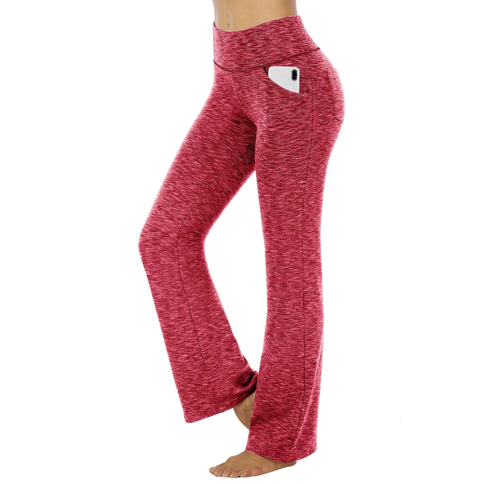 Straight Flare Elastic High Waist Yoga Pockets Casual Holiday Women Clothing Solid Basic Trouser Slim Long Pants Sport
