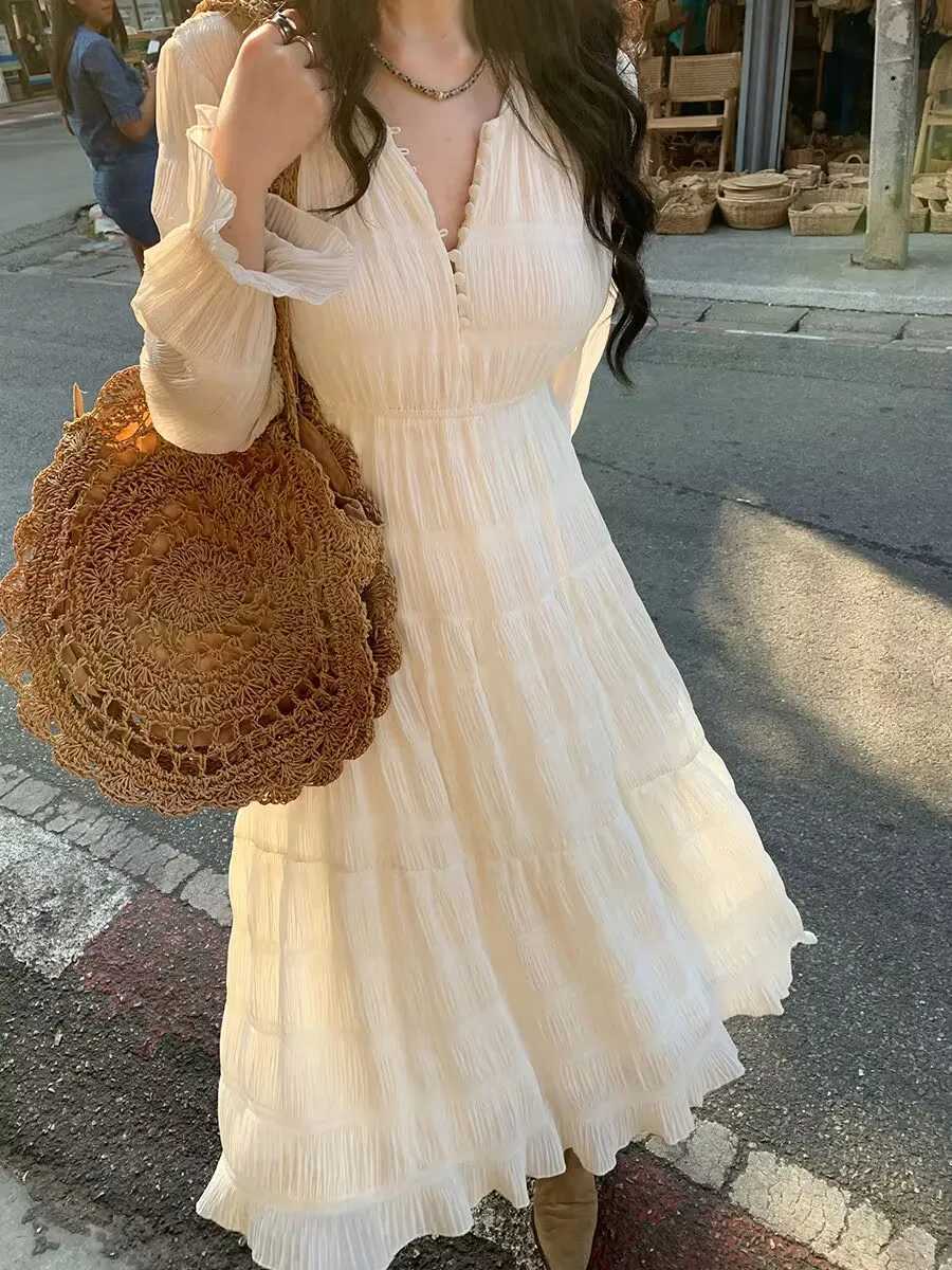 Korean Style 2025 Spring Loose Elegant Maternity Dress Ruffled Long Sleeve Pregnant Woman Mermaid Dress Sweet Pleated DressesT250311