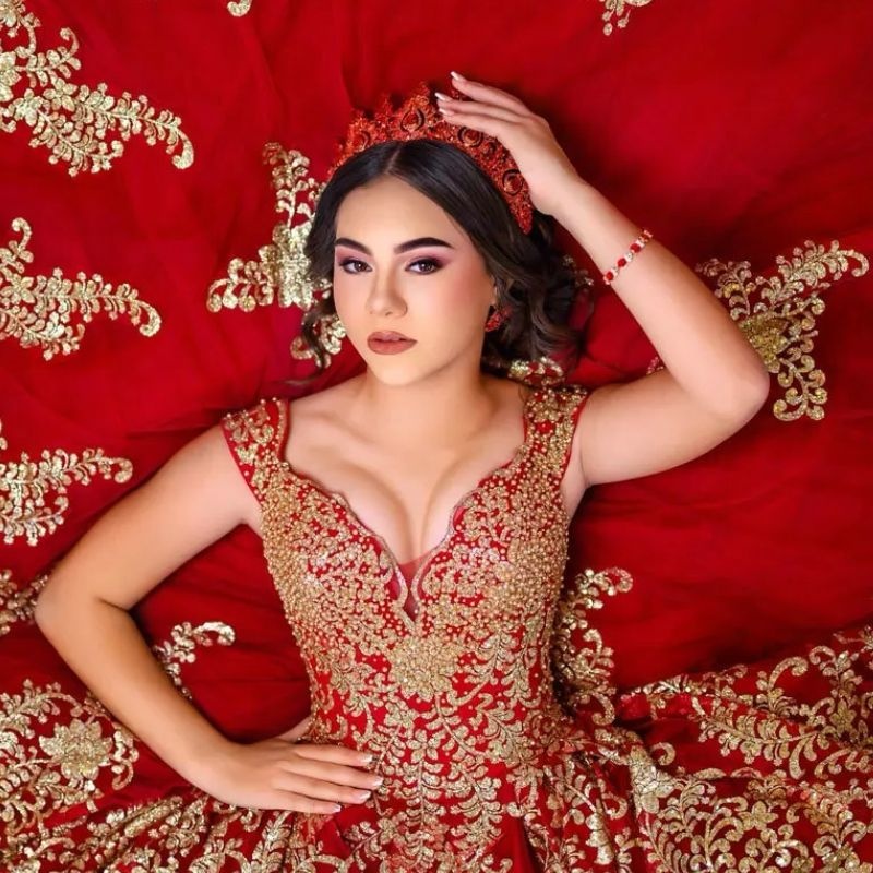 Red Quinceanera Dresses Ball Gown Gold Sequined Gold Appliques Lace Pearls Beading Ruffles Sweet 16 Birthday Party Vestido De 15 Anos
