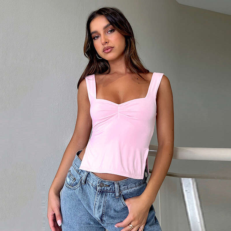 Y23tP031 European and American women's summer ins solid color square collar camisole pleated backless vest top t-shirt for women 2025 new style t