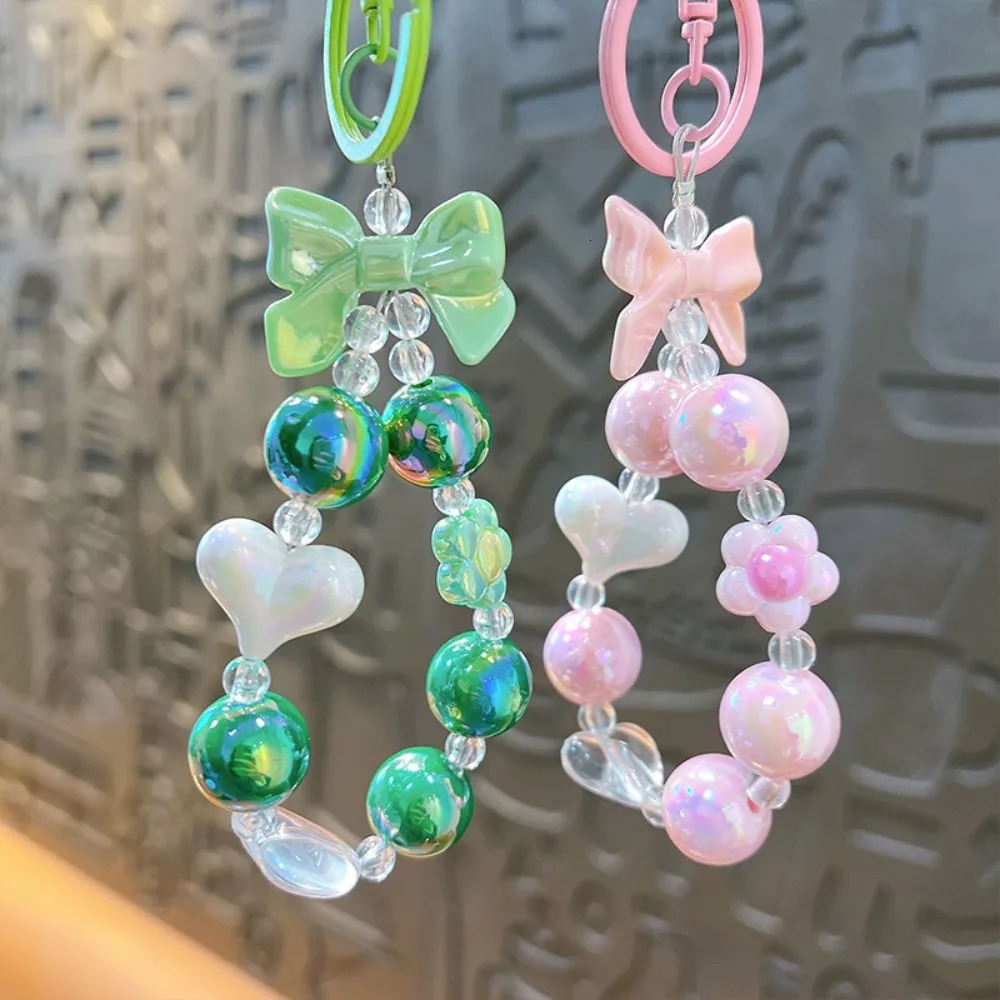 Creative Mobile Phone Strap Candy Color Beaded Car Keychain Bow Heart Bag Pendant Chain Lanyard 250311