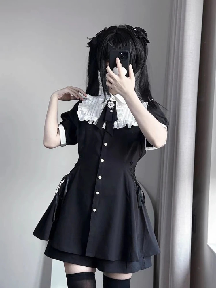 Harajuku Sweet Bow Black Plaid Dresses Allmatch Slim Fit Kawaii Lolita Dress for Women Autumn Long Sleeve Vestidos De Mujer 250311