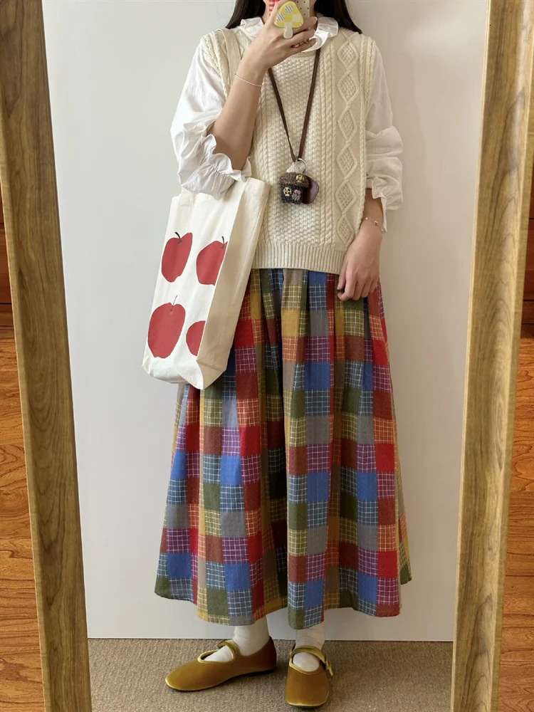 Womens Aline Colorful Checkered Pattern Umbrella Skirt Young Girl Vintage Fashion Female High Waist Loose Calflength Skirts 250311