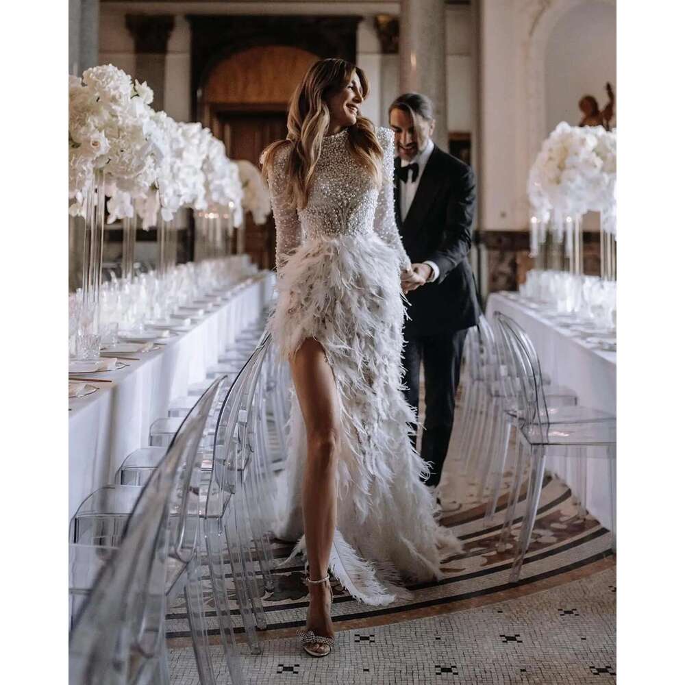 Pearl Round Neck Mermaid Wedding Dresses Fashion Sleeve Full Feather Custom Made Sweep High Division Bridal Dress