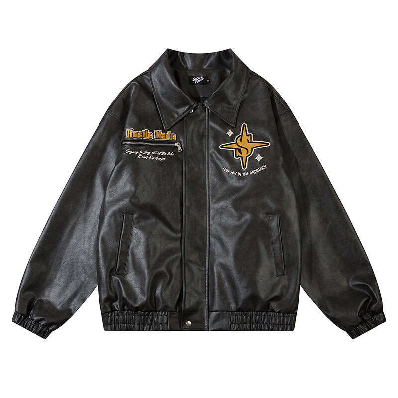American Flame PU Leather Jacket Men's Trendy Loose Design Racing Suit Collection 2