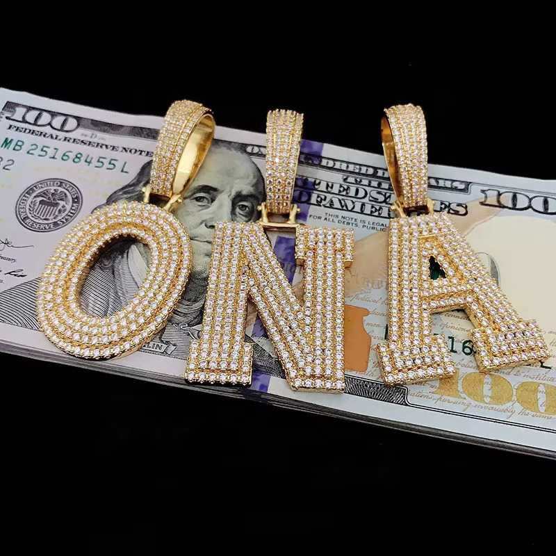 Ready to Ship Solid Gold Plated Micro Pave Cz Hip Hop Iced Out Alphabet Letter Charm Necklace