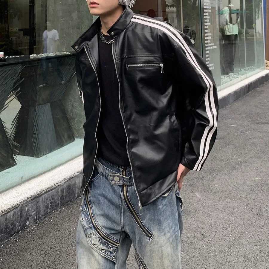 2024 New Vintage Striped Maillard Leather Jacket For Men High-End Feel Casual Loose Fit PU Cloth Jacket Spring AutumnT250311