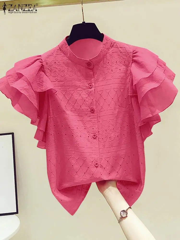 ZANZEA Korean Lace White Shirt Women Fashion Ruffle Short Sleeves Tops Summer ner Blouse Office Lapel Neck Buttons Top 250310