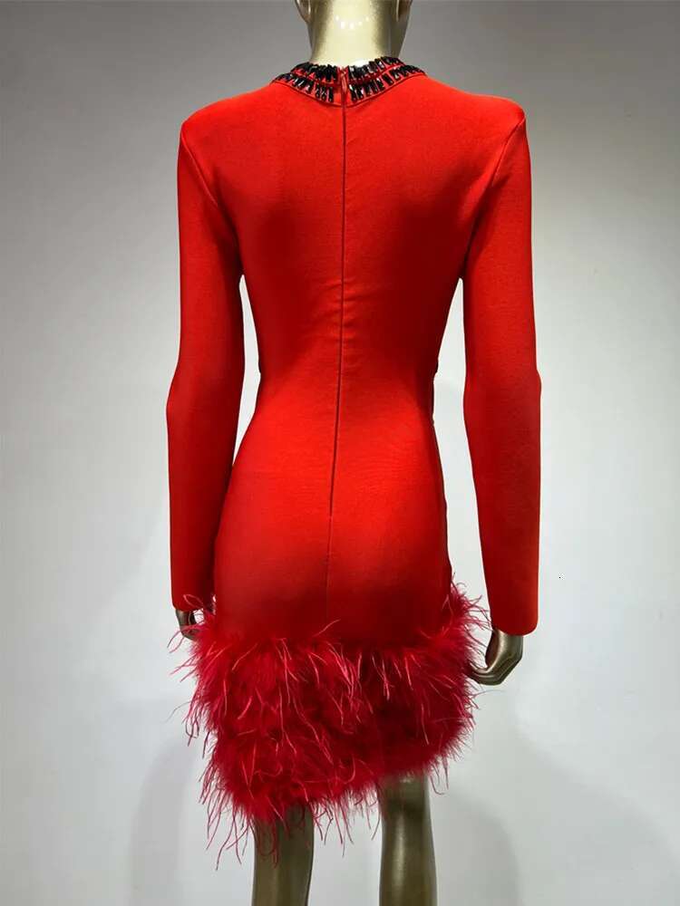 Women Sexy Long Sleeve Beading Feather Red Mini Bandage Dress Celebrity Elegant Evening Party Club Clothing