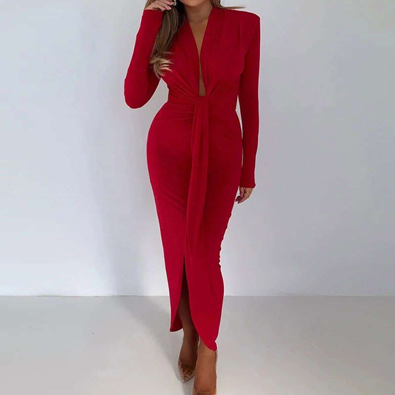 2025 Women's Spring New Solid Color Lace Up Waist Collection Long Sleeve Bag Hip Split Dress KLMY