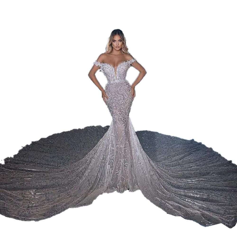 Exquisite Arabic Ace Ebi Mermaid White Off Shoulder Lace Worship Long Train Bridal Dresses Dress