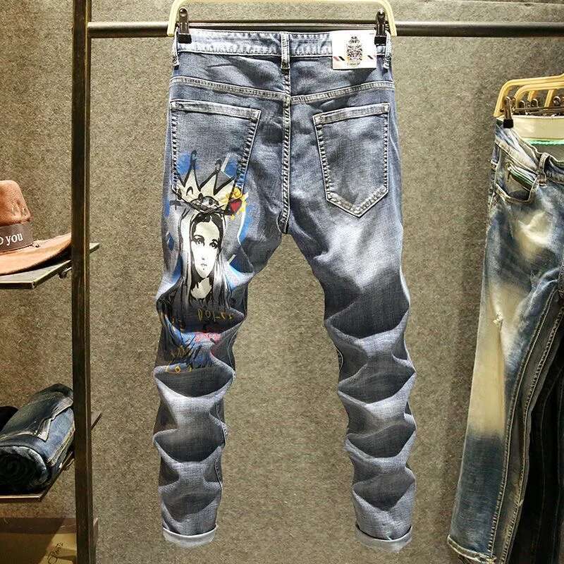 2025 summer New Classic Fashion Designer One Piece Printed Blue Small Leg Pants Men s Casual Pants Slim Fit Comfortable Elastic Jeans Outdoor Casual S