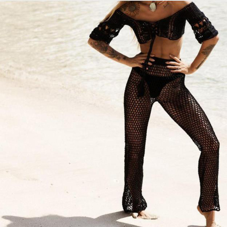 Knitted Hook, Sexy Fishing Net, Hollowed Out Mesh With Elastic Rope, Beach Pants, Straight Leg Pants