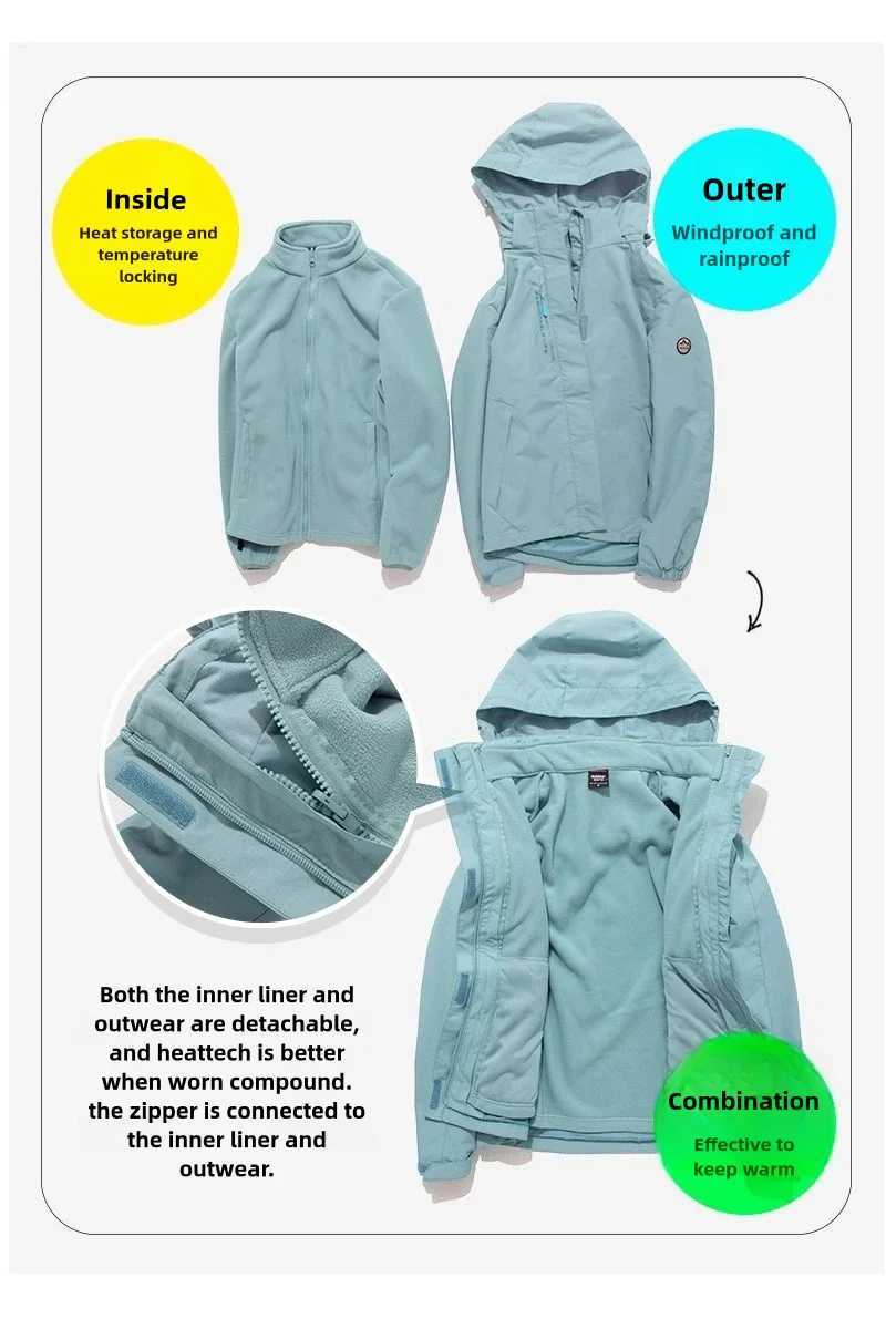 NuJune X SUHU Mens and Womens Three-in-One Snow Suit with Fleece Lining and Thickened Outdoor Mountaineering ClothingT250311
