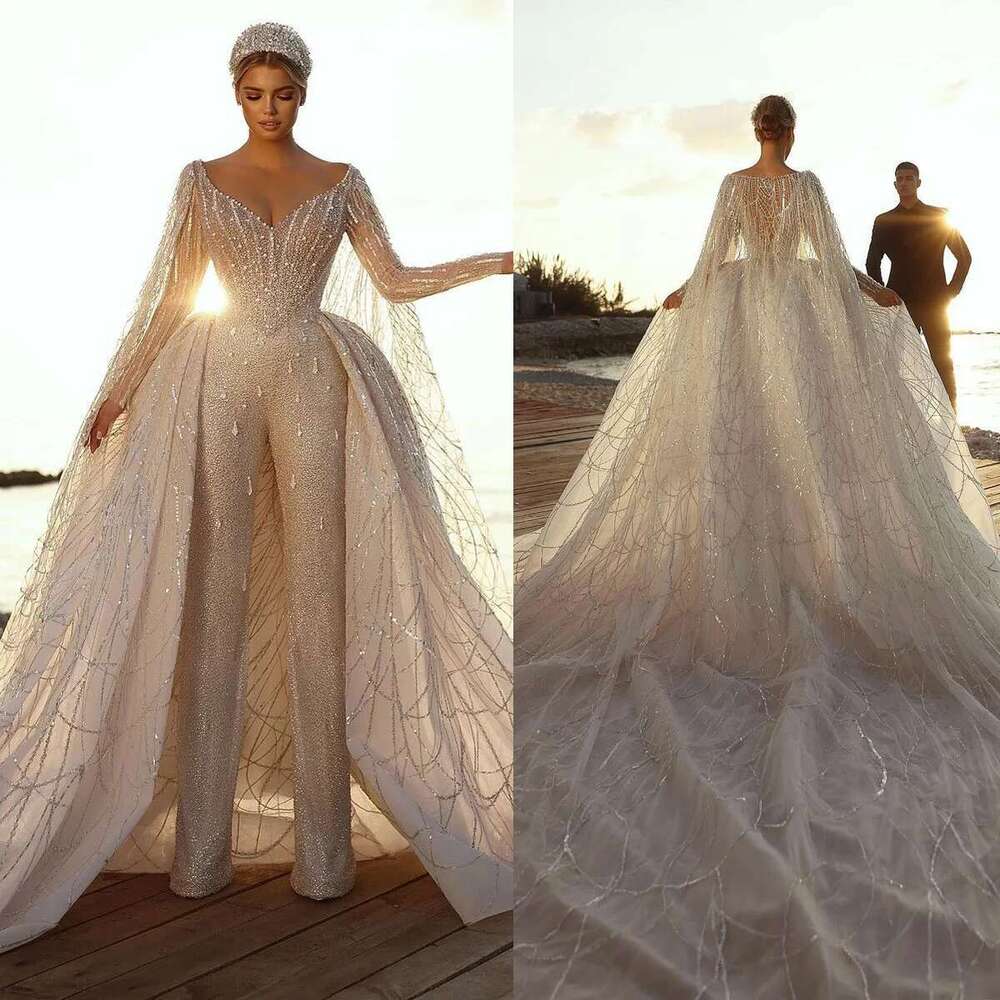 Beaded Wedding Dresses with Detachable Train, Long Sleeves, Lace Crystal Dress, Custom Made, Stunning and Bridal
