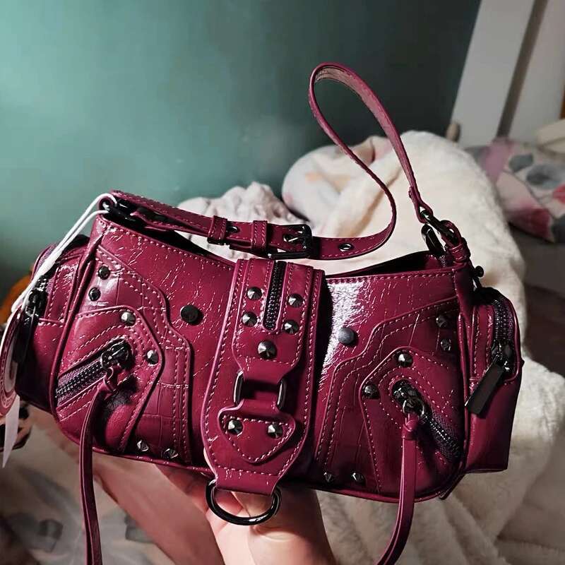 Moto & Biker Bags For Women Designer Handbags And Purses 2025 New In PU Oil Wax Vintage Rivet Small Underarm Shoulder Bag