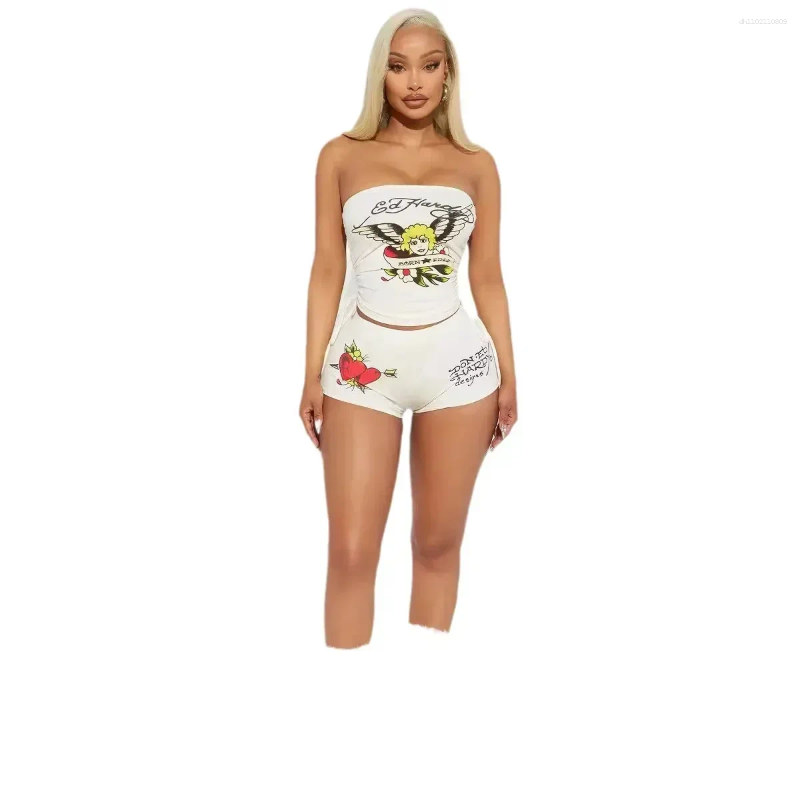 Women's Tracksuits European Style Strapless Crop Top And Shorts Set Print Streetwear 2025 Summer Sexy Matching Two 2 Piece Sets Outfits
