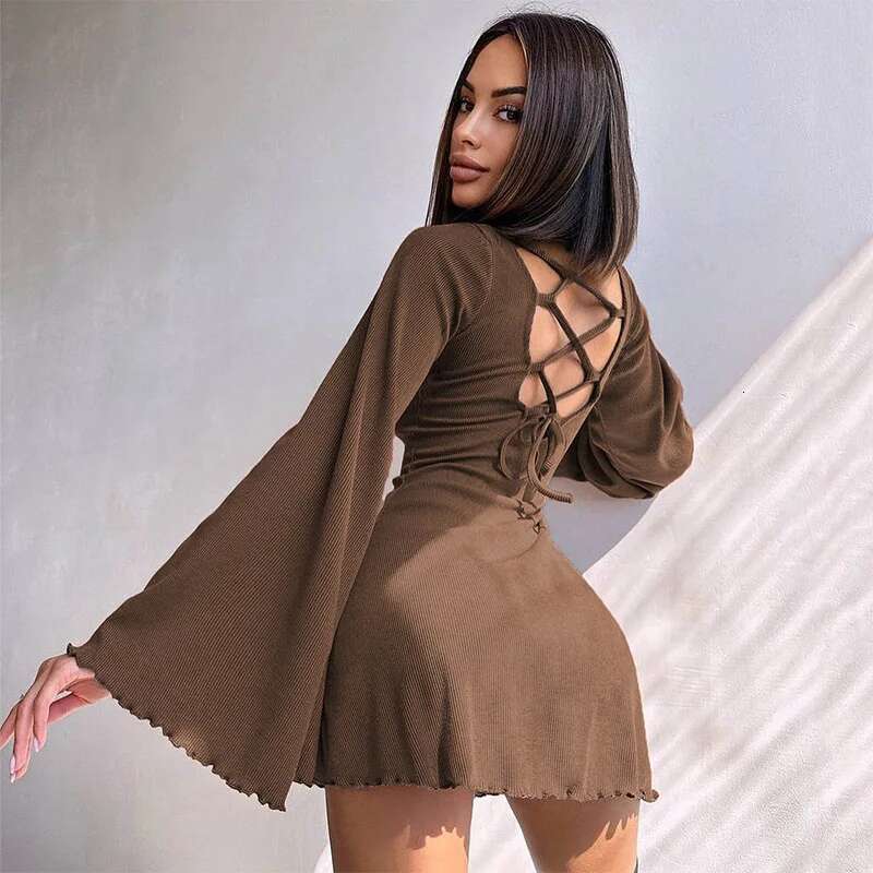 Sexy Dresses Nightclub Mini Short Party Dress Women Back Bandage O Neck Flare Sleeves Autumn Vestidos Ladies Fall Robe