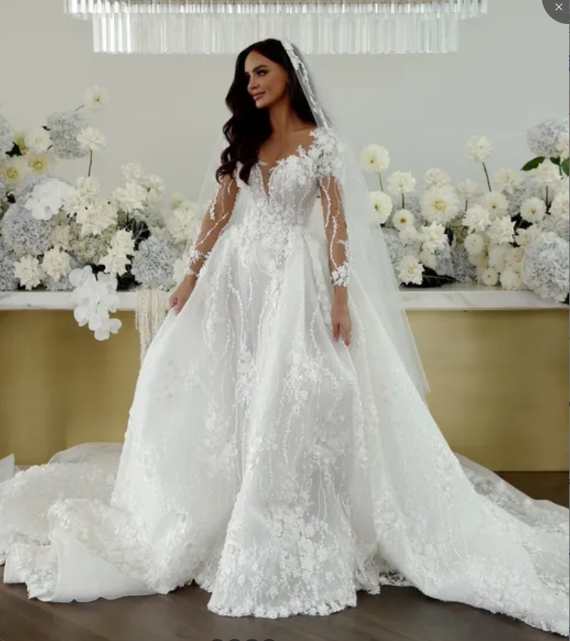 3D Floral Lace Princess Wedding Dresses With Detachable Train Long Sleeves Pretty Bridal Gowns Sheer Neckline Open Back Garden Flowers Vestido De Novi