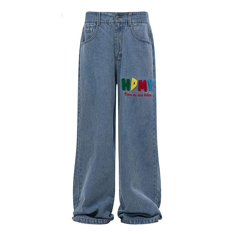 American Style Jeans For Men, Washed With Multiple Pockets, Butterfly Lightning Letter Embroidery, Wide Leg Loose Long Pants