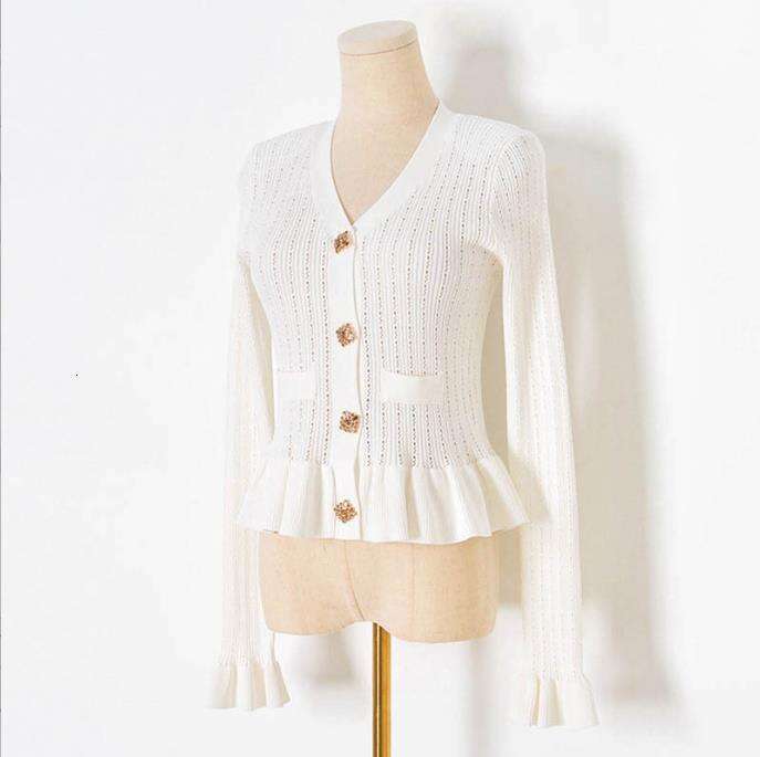 Autumn Diamond Decoration Long Sleeved Cardigan Temperament V-Neck Hollow Waist Knit Top Socialite Ruffle Edge Sweater
